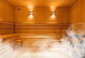 Interior of Finnish sauna, classic wooden sauna, Finnish bathroom